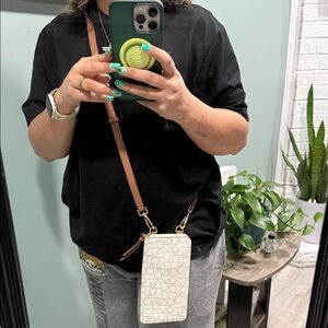 Calvin Klein Cream Monogram Crossbody Wallet with Brown Strap